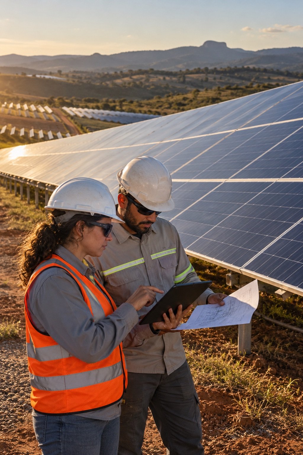 Profissionais realizando avaliação técnica em uma usina solar