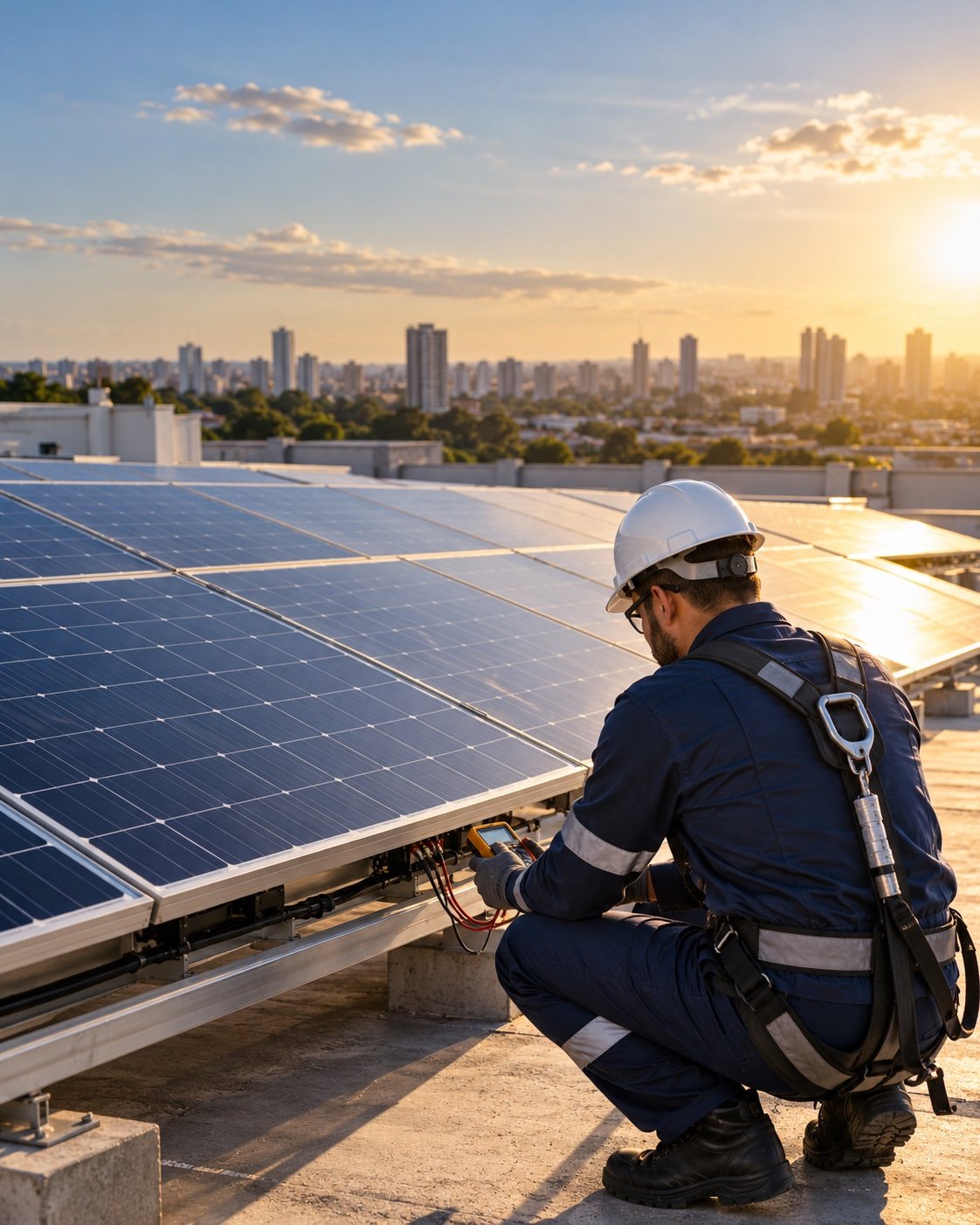 Imagem conceitual de inspeção técnica em painéis solares