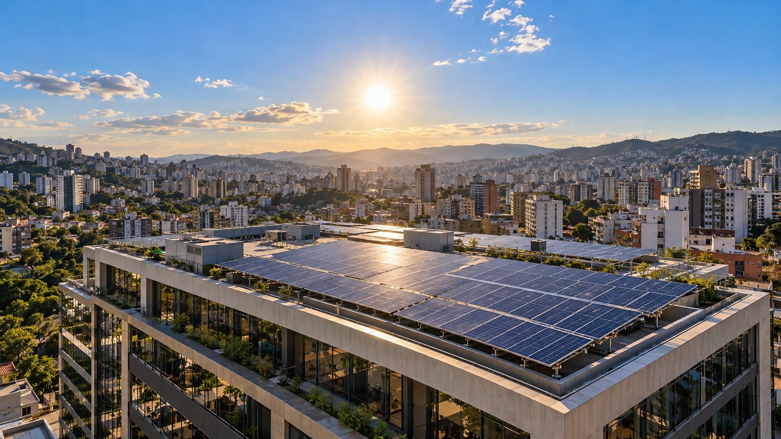 Edificação com usina fotovoltaica integrada à cobertura