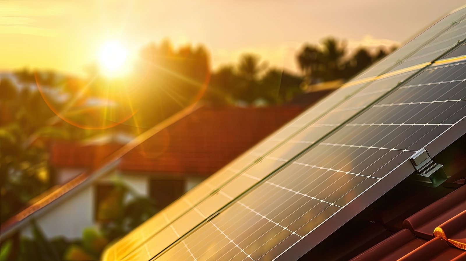 Painéis solares sobre um telhado residencial ao pôr do sol