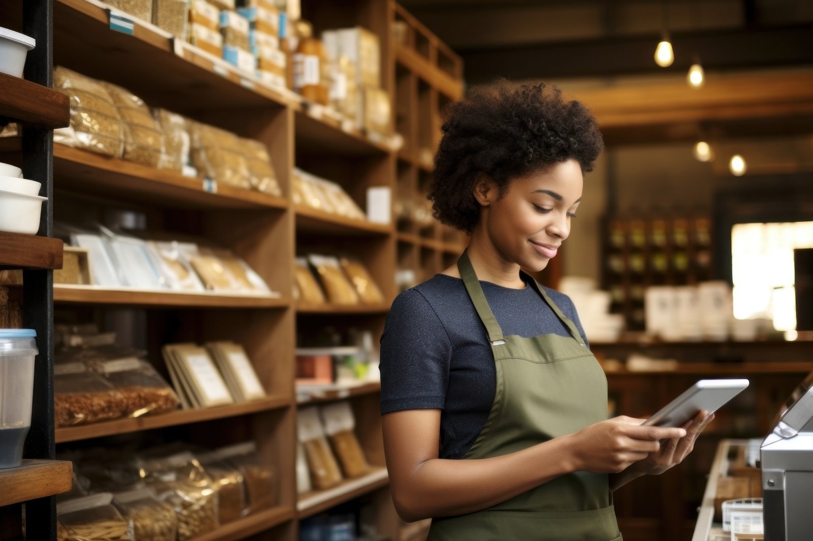 Comerciante usando um tablet no interior de uma loja